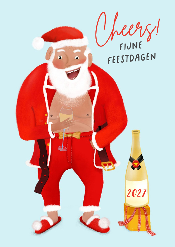 Grappige kerstkaart met kerstman met champagne - Kerstkaarten Kerstkaarten - Grappige kerstkaart met kerstman met champagne