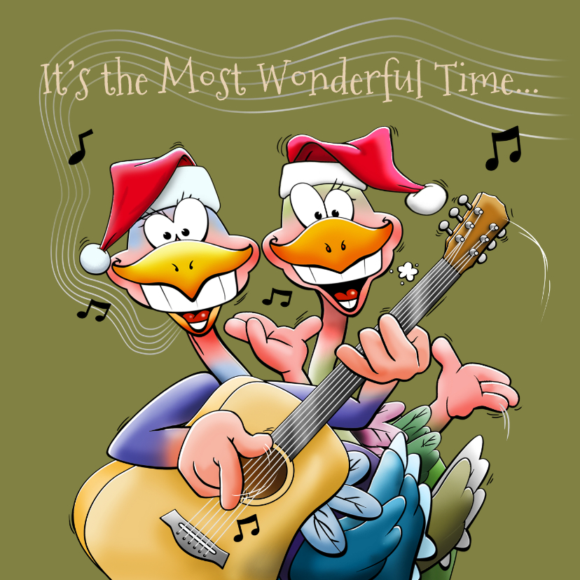 Kerstkaarten - Grappige kerstkaart met twee vogels die gitaar spelen