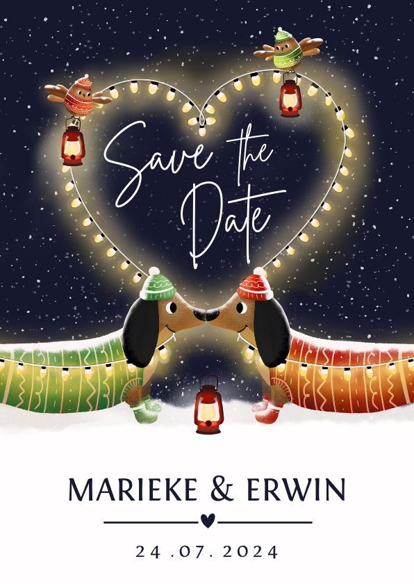 Grappige Save the Date kerstkaart met 2 teckels en hart - Kerstkaarten Kerstkaarten - Grappige Save the Date kerstkaart met 2 teckels en hart
