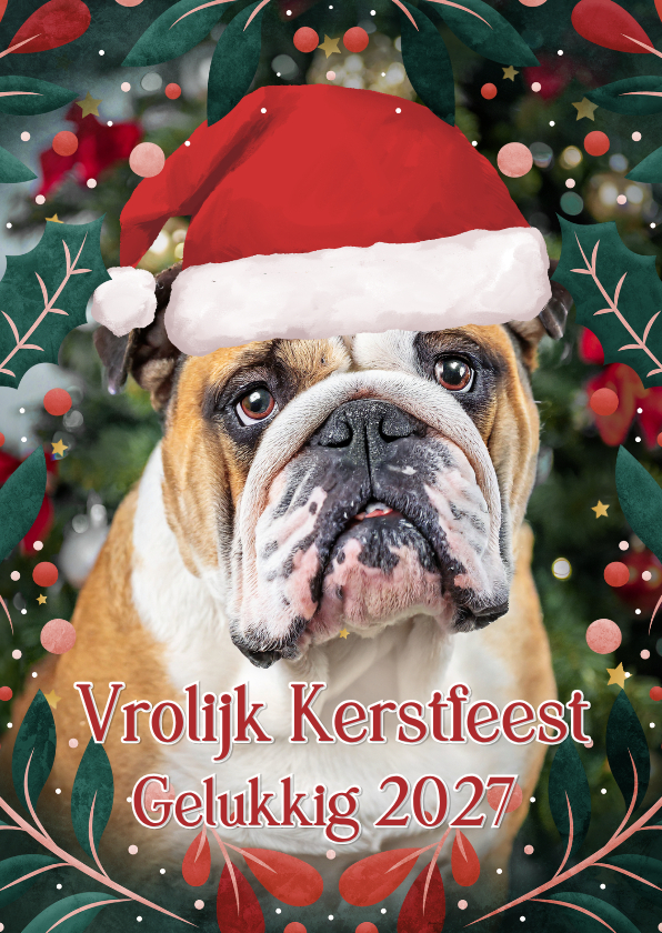 Grappige staande kerstkaart met eigen foto van bulldog - Kerstkaarten Kerstkaarten - Grappige staande kerstkaart met eigen foto van bulldog