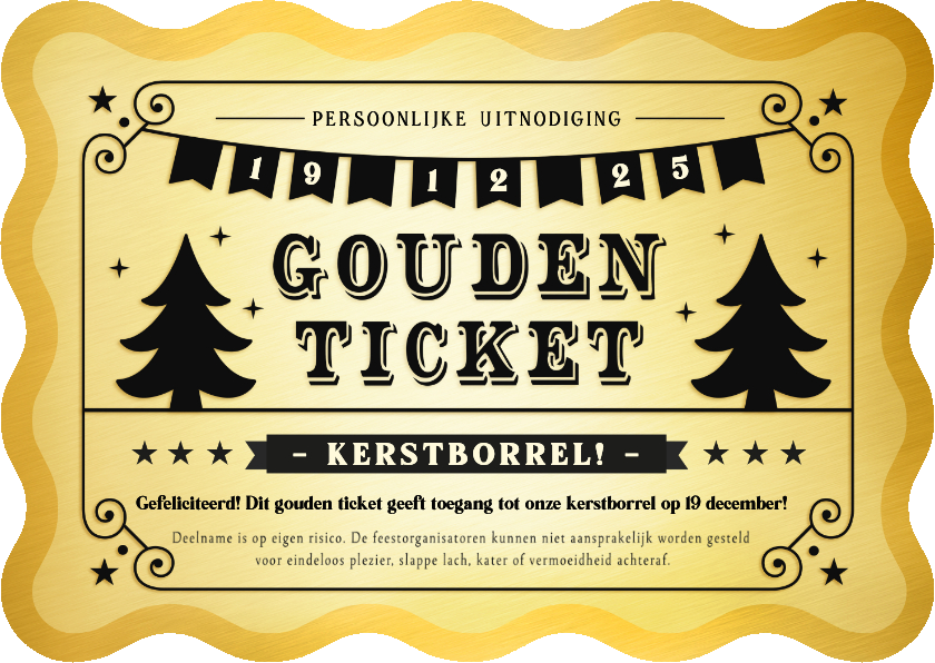 Grappige uitnodiging kerstborrel gouden ticket stijl - Kerstkaarten Kerstkaarten - Grappige uitnodiging kerstborrel gouden ticket stijl