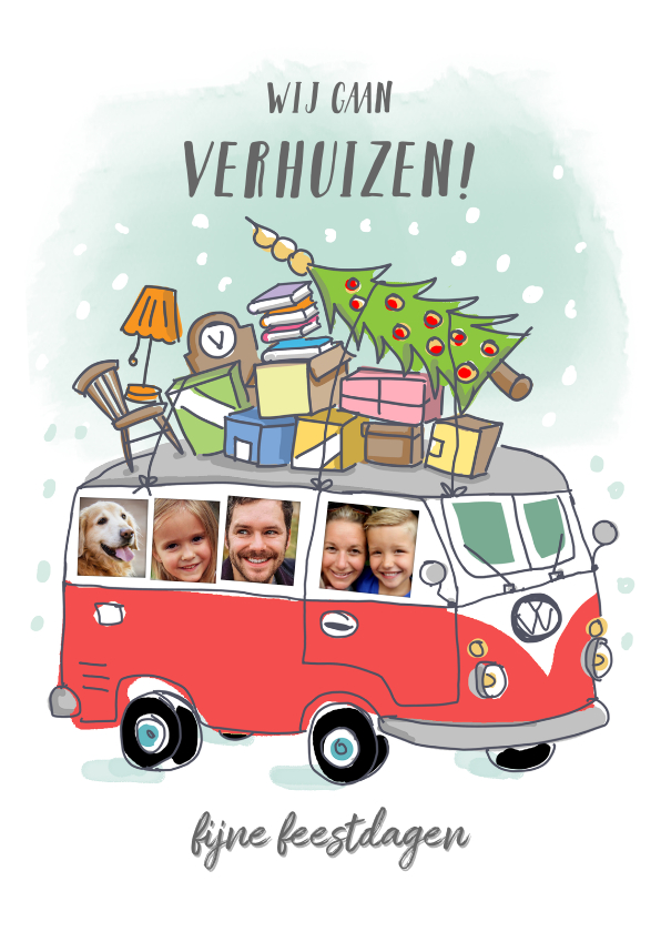 Grappige verhuis kerstkaart met volkswagenbusje en foto's - Kerstkaarten Kerstkaarten - Grappige verhuis kerstkaart met volkswagenbusje en foto's