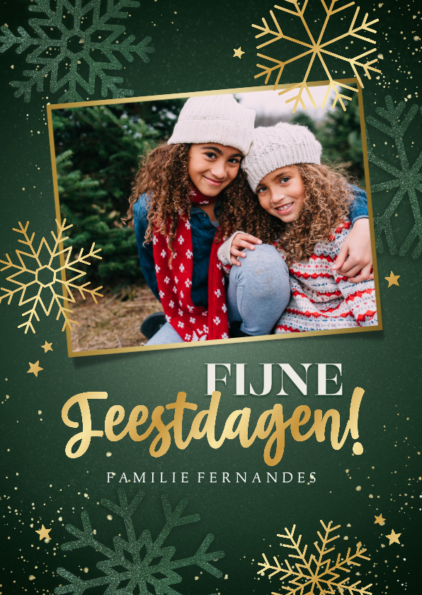 Kerstkaarten - Groene kerstkaart 'Fijne Feestdagen' sneeuwvlokken en foto