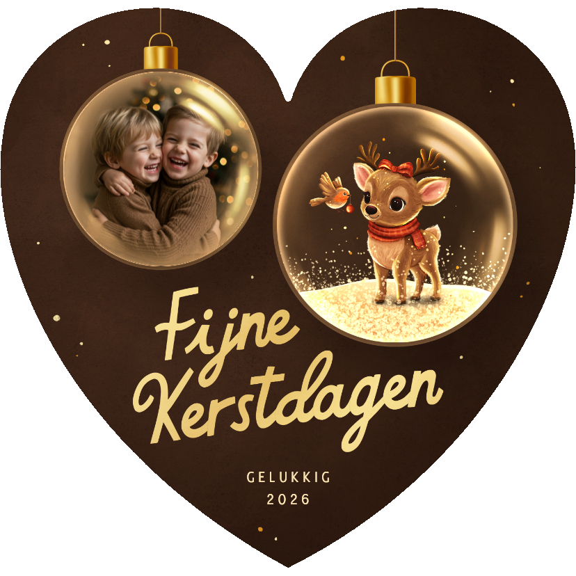 Kerstkaarten - Hartvorm kerstkaart hertje en foto in kerstbal