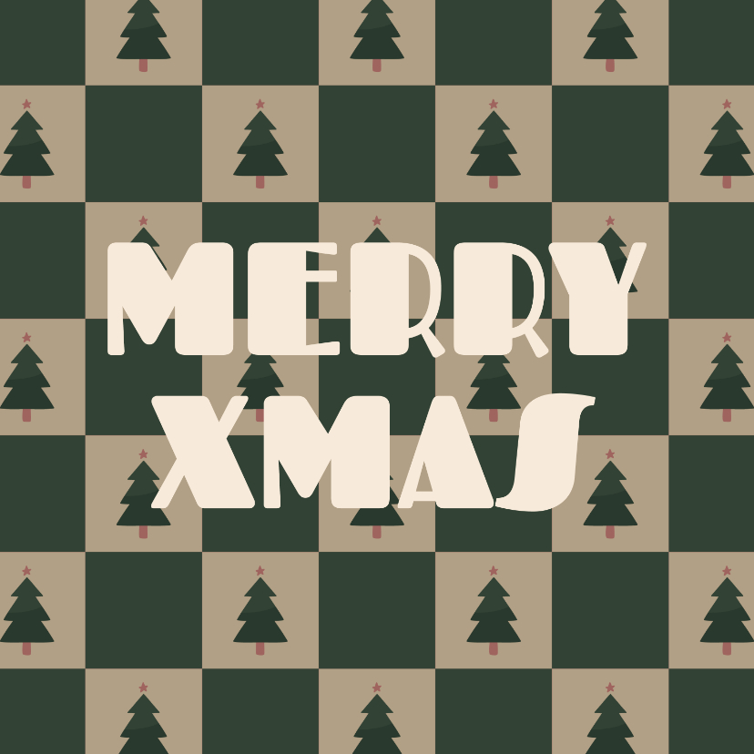 Kerstkaarten - Hip kerstkaartje blokjespatroon met kerstbomen Merry Xmas