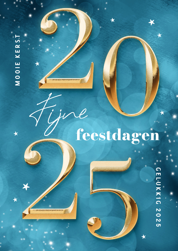 Hippe blauwe kerstkaart cijfers 2025 goud Kaartje2go