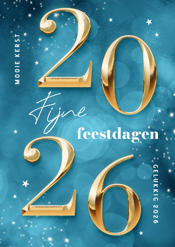 Hippe blauwe kerstkaart cijfers 2026 goud sprankelend - Kerstkaarten Kerstkaarten - Hippe blauwe kerstkaart cijfers 2026 goud sprankelend