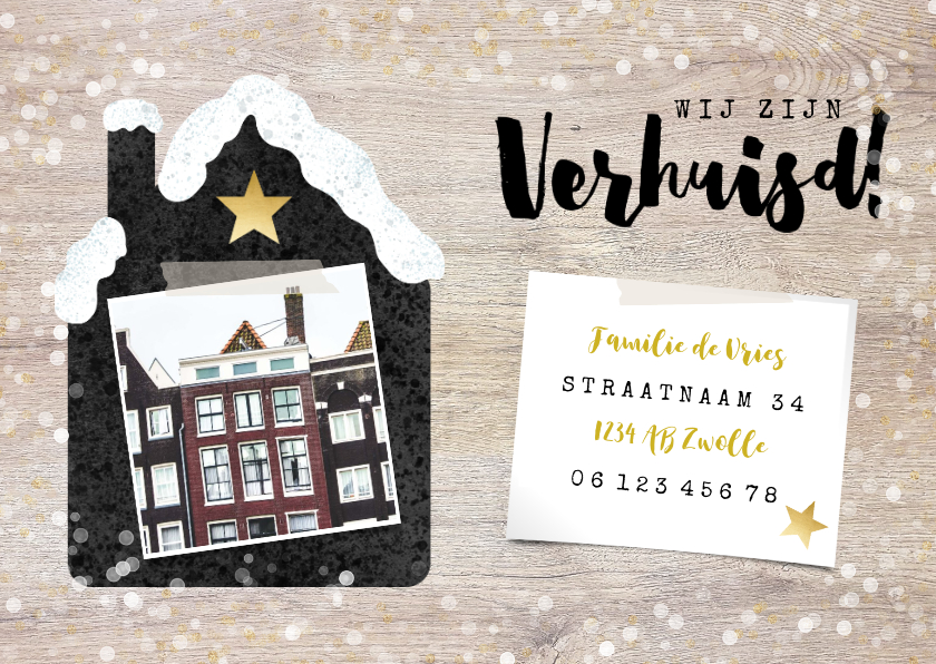 Hippe Kerst-verhuiskaart met huisje met sneeuw, foto en hout - Kerstkaarten Kerstkaarten - Hippe Kerst-verhuiskaart met huisje met sneeuw, foto en hout
