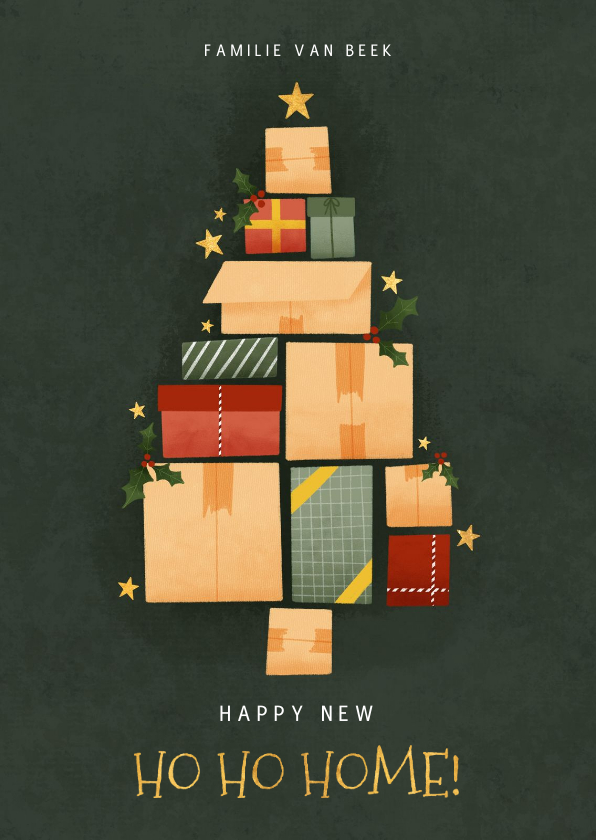 Hippe kerst verhuiskaart met kerstboom van dozen en sterren - Kerstkaarten Kerstkaarten - Hippe kerst verhuiskaart met kerstboom van dozen en sterren