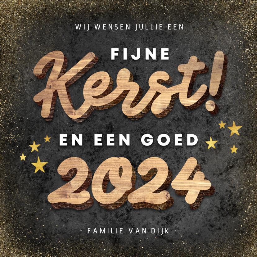 Hippe kerstkaart houten kerst, 2024 en gouden sterren - Kerstkaarten Kerstkaarten - Hippe kerstkaart houten kerst, 2024 en gouden sterren