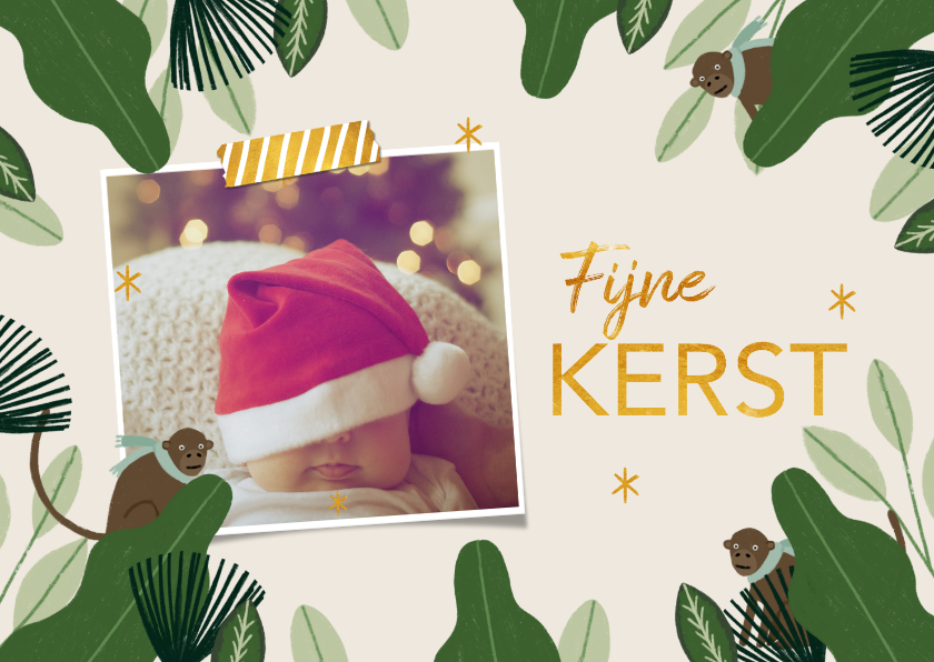 Hippe kerstkaart jungle met foto, bladeren en aapjes - Kerstkaarten Kerstkaarten - Hippe kerstkaart jungle met foto, bladeren en aapjes
