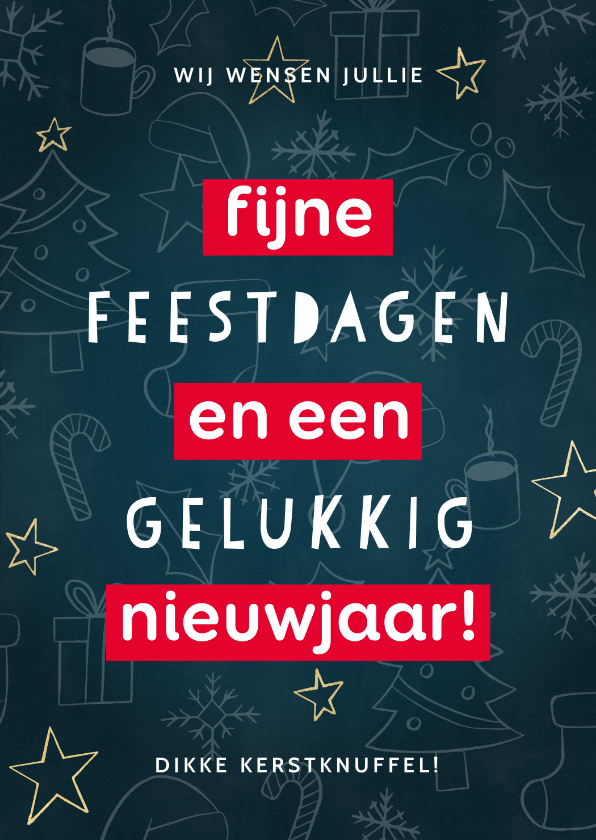 Kerstkaarten - Hippe kerstkaart kerstfiguren, typografie en gouden sterren