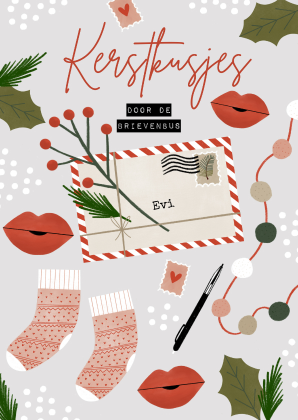 Hippe kerstkaart kerstkusjes door de brievenbus - Kerstkaarten Kerstkaarten - Hippe kerstkaart kerstkusjes door de brievenbus