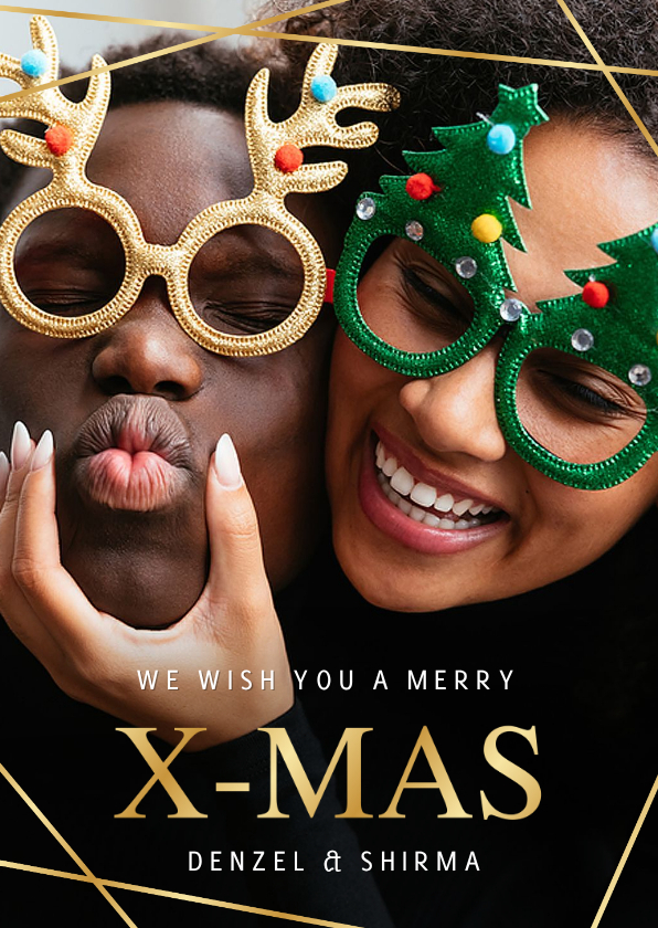 Hippe kerstkaart met eigen foto en geometrische strepen goud - Kerstkaarten Kerstkaarten - Hippe kerstkaart met eigen foto en geometrische strepen goud
