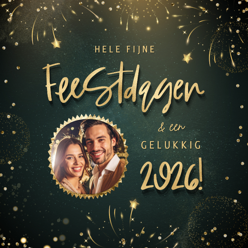 Kerstkaarten - Hippe kerstkaart met goudlook tekst, eigen foto en vuurwerk