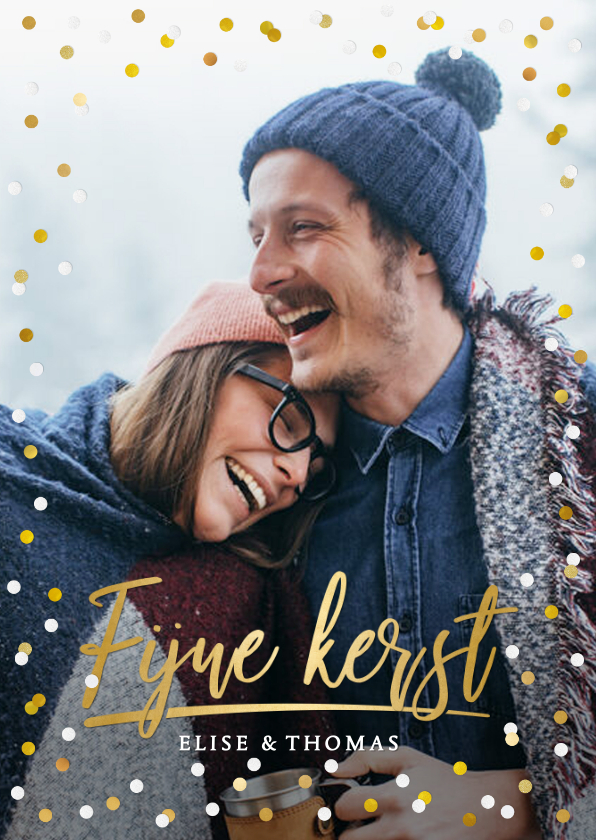 Hippe kerstkaart met grote foto en goud met witte confetti - Kerstkaarten Kerstkaarten - Hippe kerstkaart met grote foto en goud met witte confetti