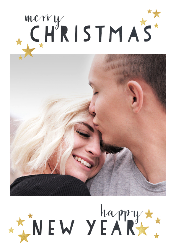 Hippe kerstkaart met moderne typografie en gouden sterren - Kerstkaarten Kerstkaarten - Hippe kerstkaart met moderne typografie en gouden sterren