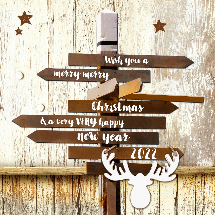 Hippe Kerstkaart Wegwijzer Hout - Kerstkaarten Kerstkaarten - Hippe Kerstkaart Wegwijzer Hout