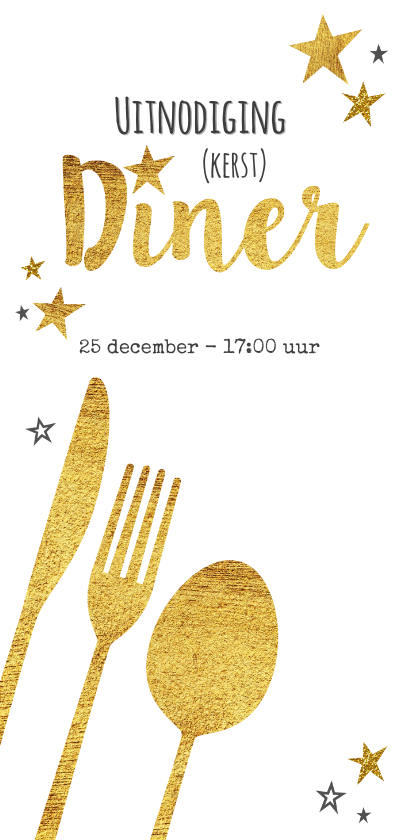 Kerstkaarten - Hippe uitnodiging (kerst) diner bestek goud sterren