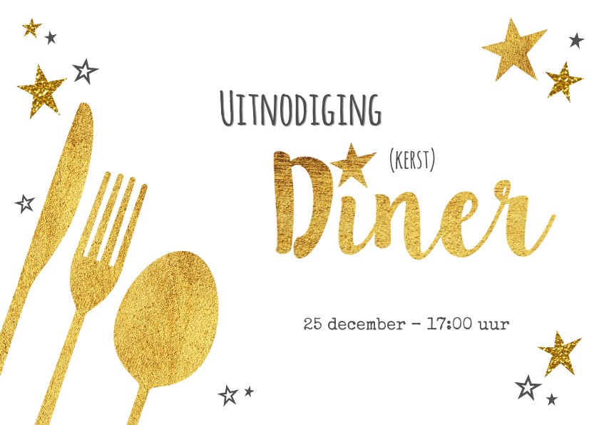 Kerstkaarten - Hippe uitnodiging (kerst) diner goud sterren en bestek