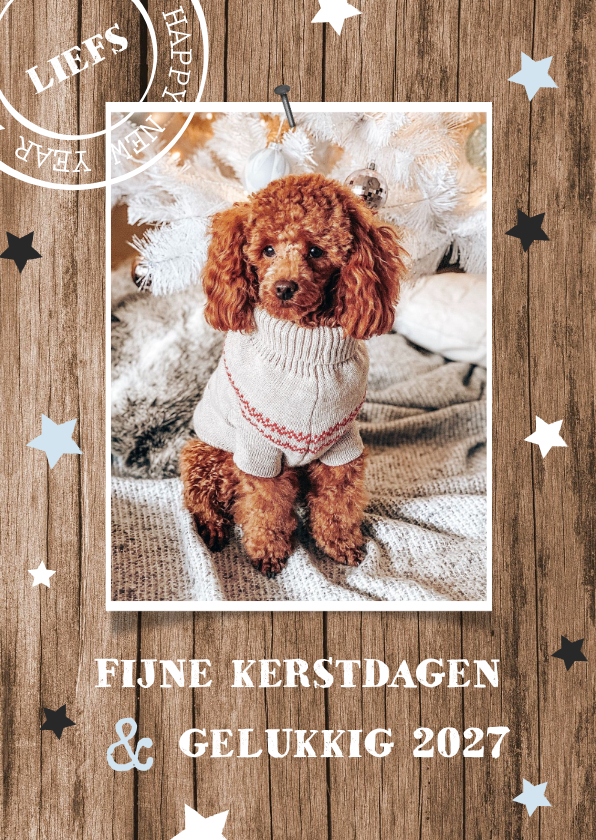 Kerstkaarten - Houtlook kerstkaart met grote foto en sterren