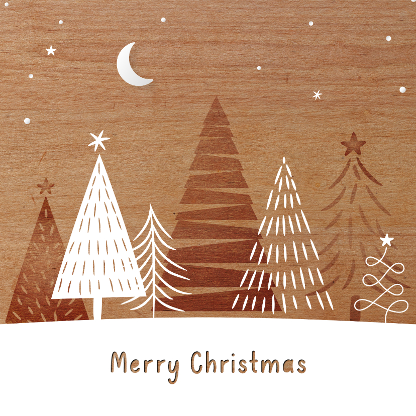 Kerstkaarten - Houtlook kerstkaart stijlvol artistiek getekende kerstbomen