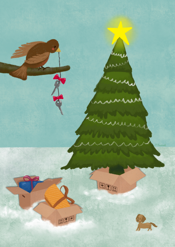 Illustratie kerstkaart verhuisdozen bij kerstboom dag - Kerstkaarten Kerstkaarten - Illustratie kerstkaart verhuisdozen bij kerstboom dag