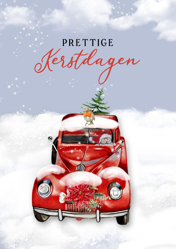 Kerskaart auto met kerstman in sneeuw - Kerstkaarten Kerstkaarten - Kerskaart auto met kerstman in sneeuw