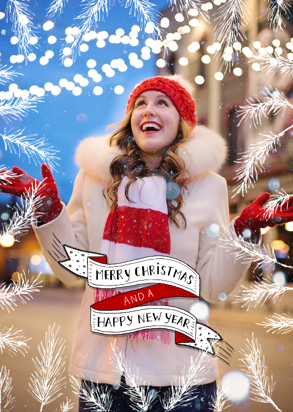 Kerst banner en sparretakken fotokaart - Kerstkaarten Kerstkaarten - Kerst banner en sparretakken fotokaart