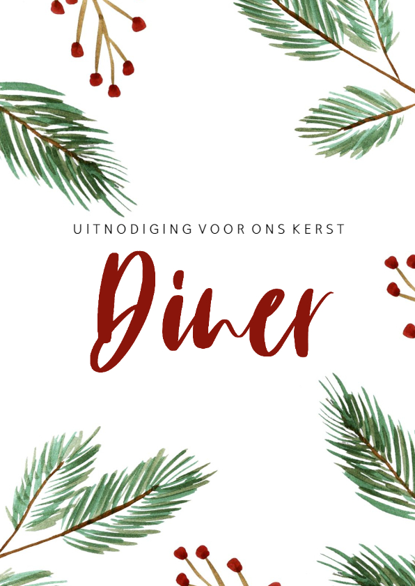 Kerst diner kaart met kerstboom takjes en rode besjes - Kerstkaarten Kerstkaarten - Kerst diner kaart met kerstboom takjes en rode besjes