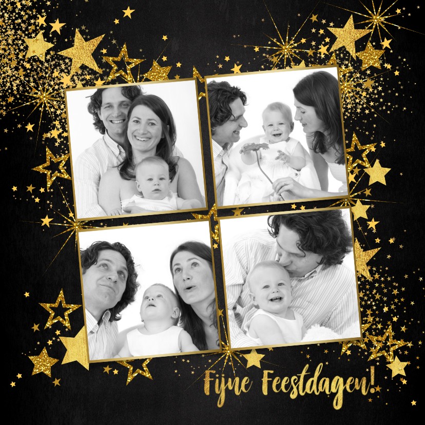 Kerst feestelijke met vele gouden sterretjes en 4 foto's - Kerstkaarten Kerstkaarten - Kerst feestelijke met vele gouden sterretjes en 4 foto's