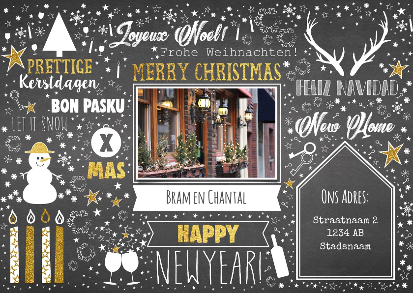 Kerst feestelijke typografische verhuiskaart krijtbord - Kerstkaarten Kerstkaarten - Kerst feestelijke typografische verhuiskaart krijtbord