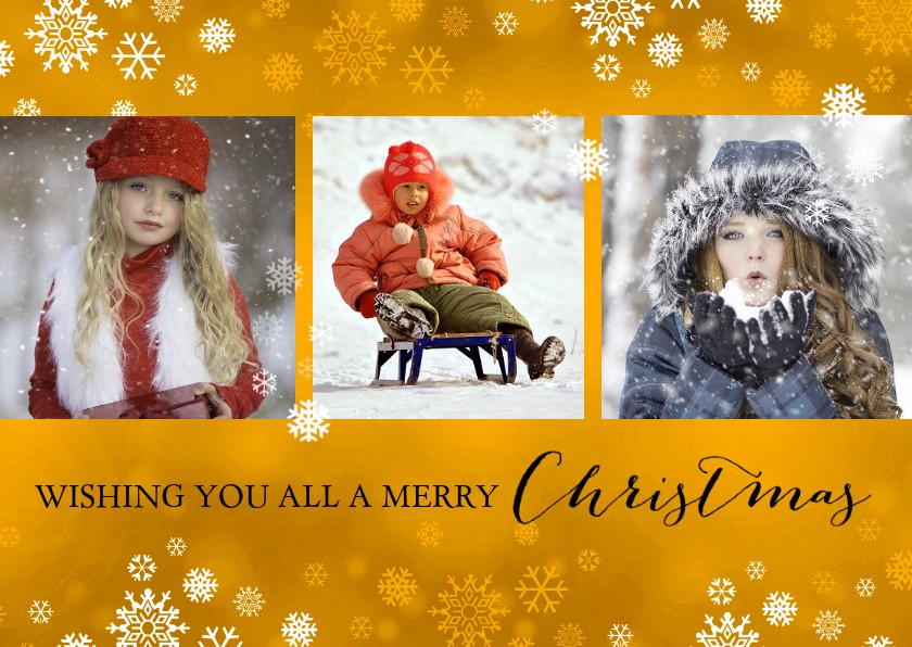 Kerst fotocollage goud met sneeuwvlokken - Kerstkaarten Kerstkaarten - Kerst fotocollage goud met sneeuwvlokken
