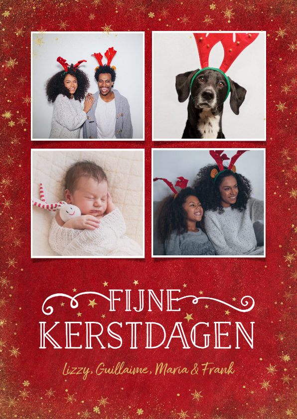 Kerstkaarten - Kerst fotocollage kaart met rode achtergrond en sterren goud