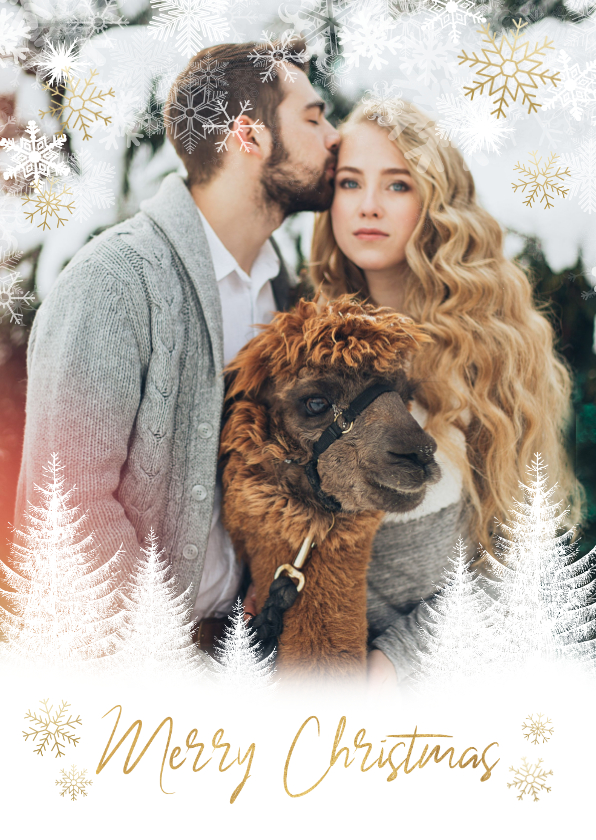 Kerst fotokaart boompjes, sneeuwvlokken en 'Merry Christmas' - Kerstkaarten Kerstkaarten - Kerst fotokaart boompjes, sneeuwvlokken en 'Merry Christmas'