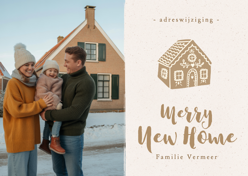 Kerstkaarten - Kerst fotokaartje nieuwe woning met peperkoekhuisje beige