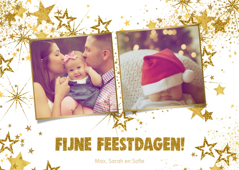 Kerst hippe kaart met 2 foto's en gouden glitter sterren - Kerstkaarten Kerstkaarten - Kerst hippe kaart met 2 foto's en gouden glitter sterren