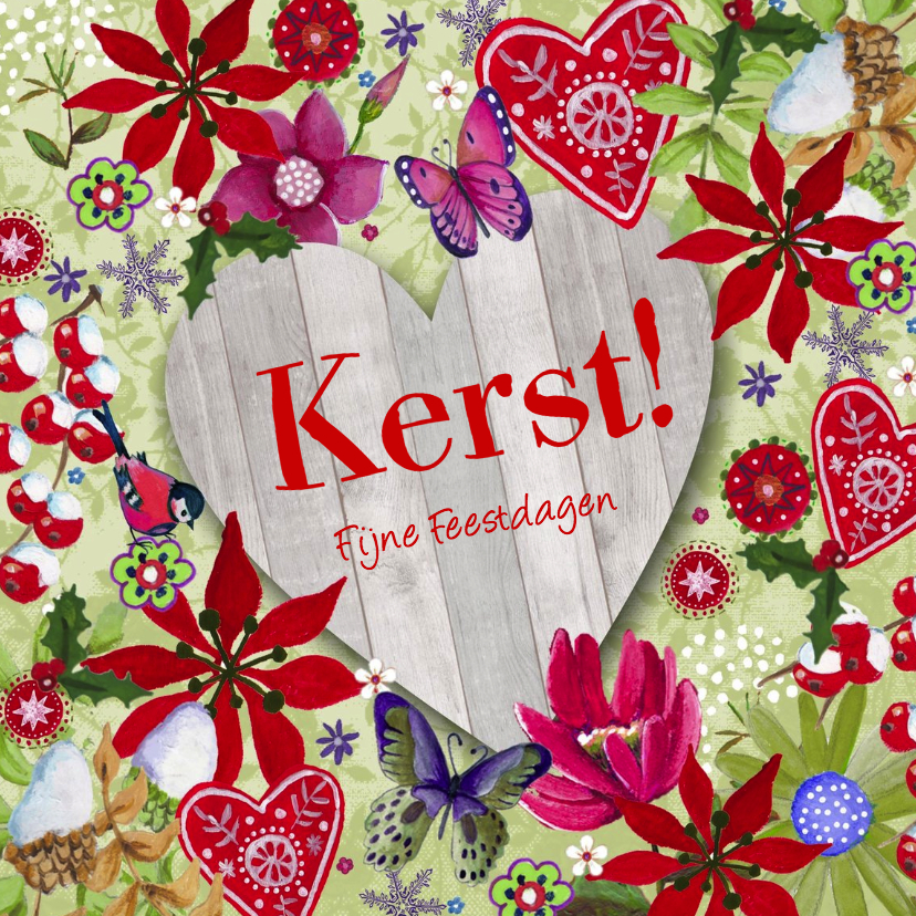 KERST hout HART Vrolijk Bloemen - Kerstkaarten Kerstkaarten - KERST hout HART Vrolijk Bloemen