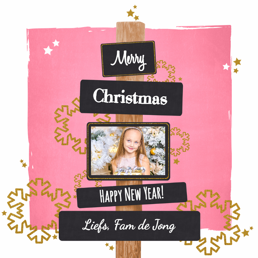 Kerst lief fotokaartje roze goud - Kerstkaarten Kerstkaarten - Kerst lief fotokaartje roze goud