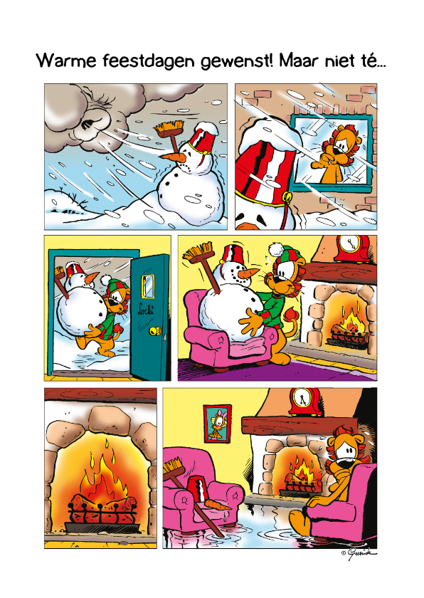 Kerstkaarten - Kerst Loeki strip smeltende sneeuwpop