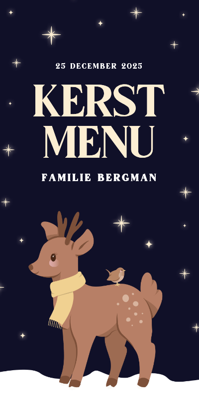 Kerstkaarten - Kerst menukaartje met hertje en sterren