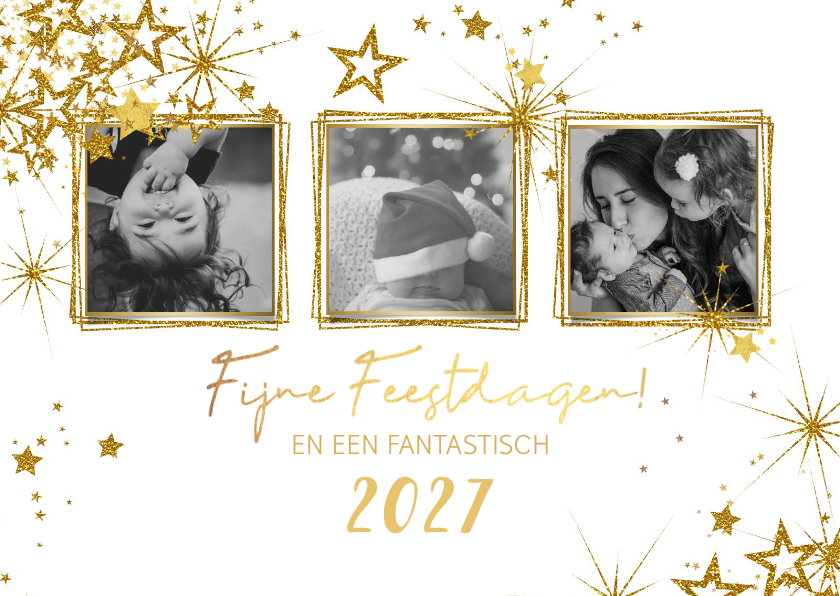 Kerstkaarten - Kerst modern kerstkaart met 3 foto's en vele sterren 2027