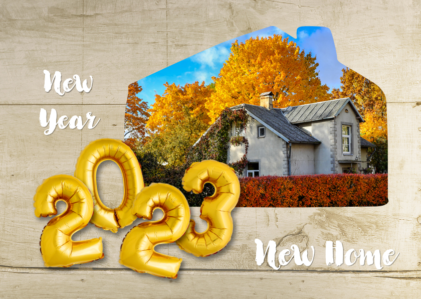 Kerst / nieuwjaars verhuiskaart 2023 ballon goud en hout - Kerstkaarten Kerstkaarten - Kerst / nieuwjaars verhuiskaart 2023 ballon goud en hout
