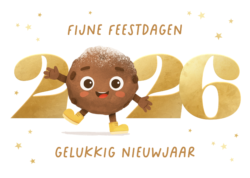 Kerstkaarten - Kerst nieuwjaarskaart oliebol 2026 sterren goud vrolijk