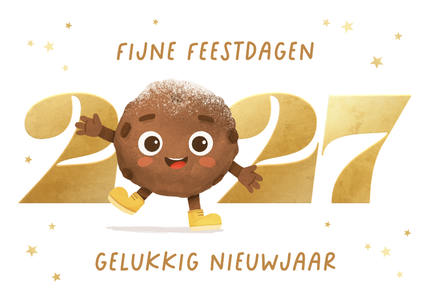 Kerst nieuwjaarskaart oliebol 2027 sterren goud vrolijk - Kerstkaarten Kerstkaarten - Kerst nieuwjaarskaart oliebol 2027 sterren goud vrolijk