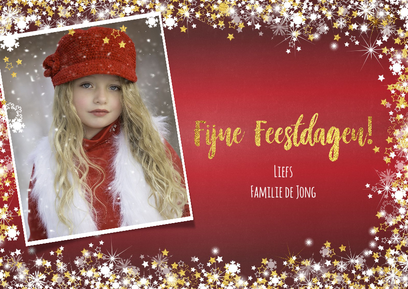 Kerst sfeervolle rode fotokaart met vele sterren - Kerstkaarten Kerstkaarten - Kerst sfeervolle rode fotokaart met vele sterren