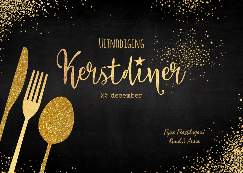 Kerst sfeervolle uitnodiging kerstdiner goud bestek - Kerstkaarten Kerstkaarten - Kerst sfeervolle uitnodiging kerstdiner goud bestek