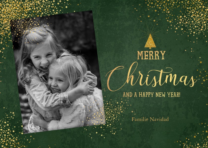 Kerst stijlvolle donkergroene foto kaart gouden sterretjes - Kerstkaarten Kerstkaarten - Kerst stijlvolle donkergroene foto kaart gouden sterretjes