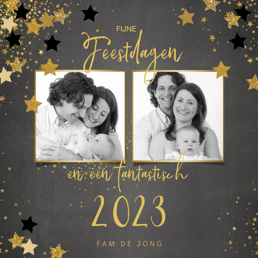 Kerstkaarten - Kerst stijlvolle foto kaart krijtbord en sterren 2023