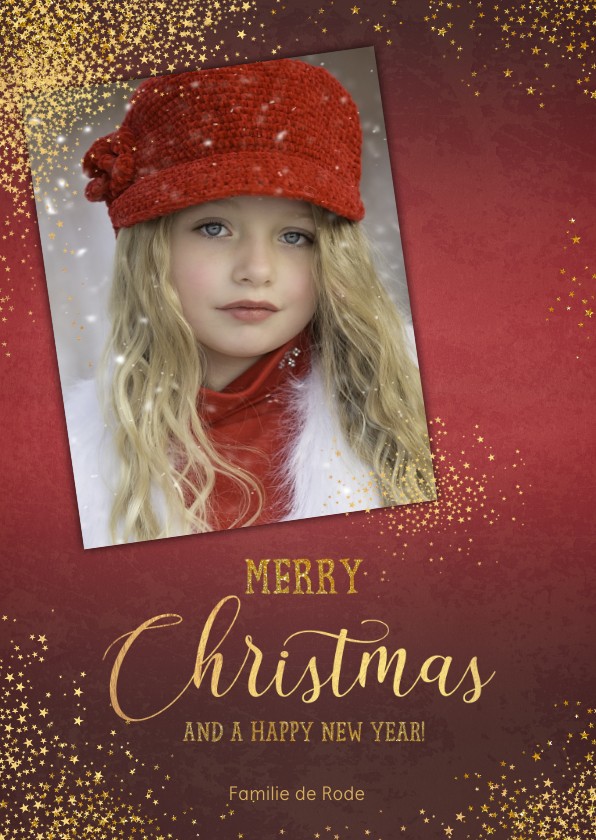 Kerst stijlvolle rode fotokaart sierlijke tekst sterren goud - Kerstkaarten Kerstkaarten - Kerst stijlvolle rode fotokaart sierlijke tekst sterren goud